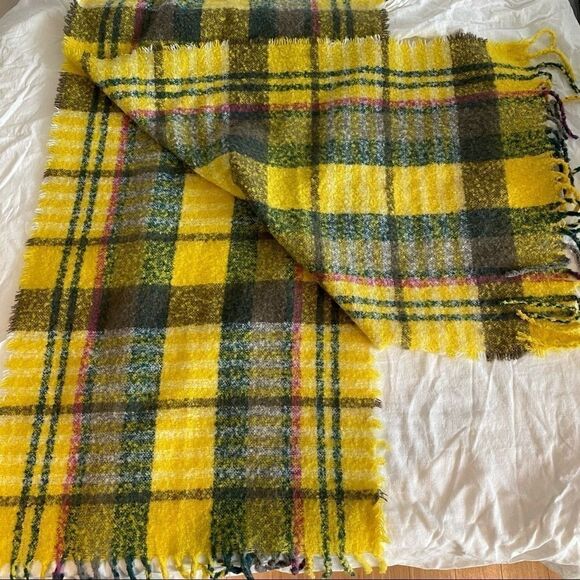 Yellow Pink Green Grey Plaid Eyelash Fringe and Tassel Scarf - Picture 5 of 11